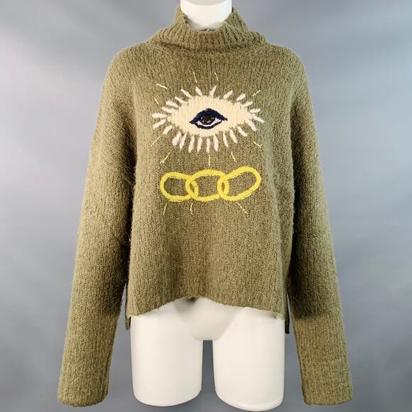 RAQUEL ALLEGRA Size 2 Green White Yellow Alpaca Blend Knit Eye Chain Sweater - Picture 1 of 7